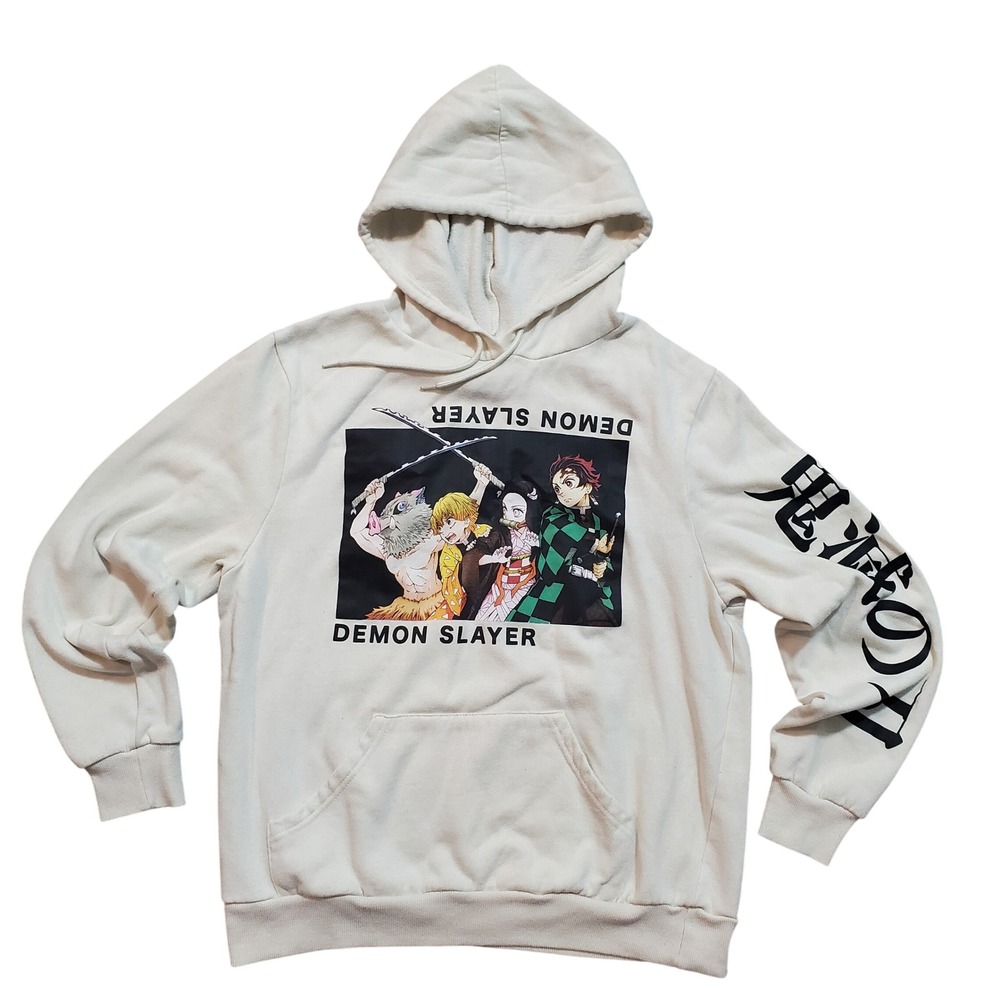 Demon Slayer Kimetsu no Yaiba Mens Large Cream Graphic Hoodie Tanjiro Nezuko